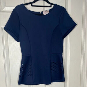 ROMEO & JULIET COUTURE Blouse Size S Womens Blue Peplum Short Sleeve Cut-Out